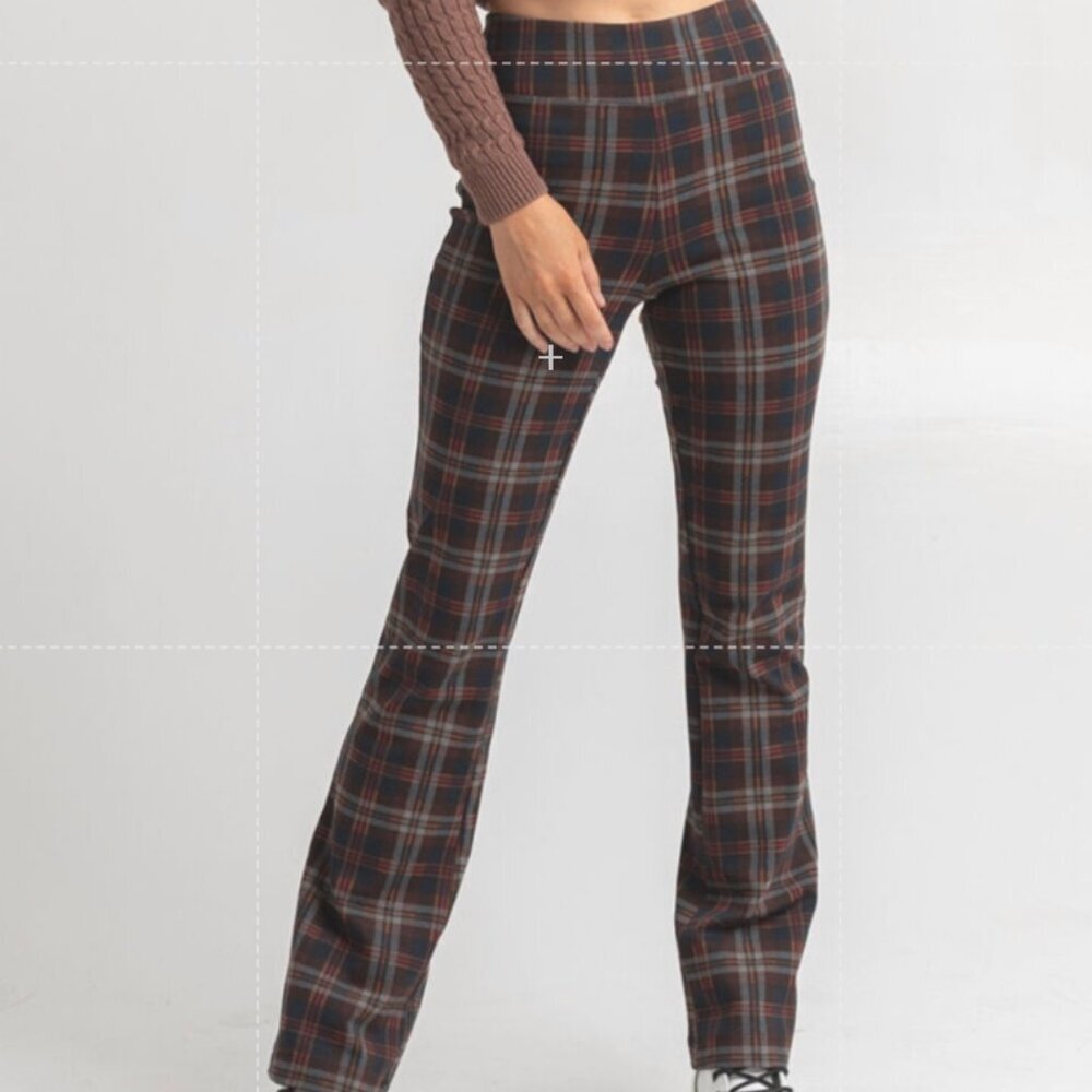 Full Tilt Women's Plaid Flare Pants Brown Preppy Pull-on Dark Academia Size S
